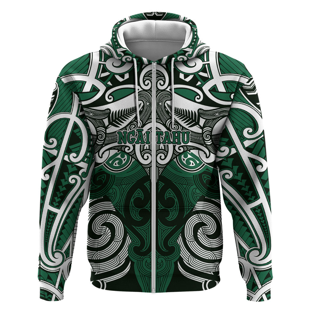 Personalised Maori Ngai Tahu Zip Hoodie Silver Fern Kowhaiwhai Art