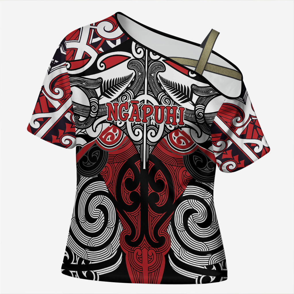 Personalised Maori Ngapuhi Cross Shoulder Shirt Silver Fern Kowhaiwhai Art