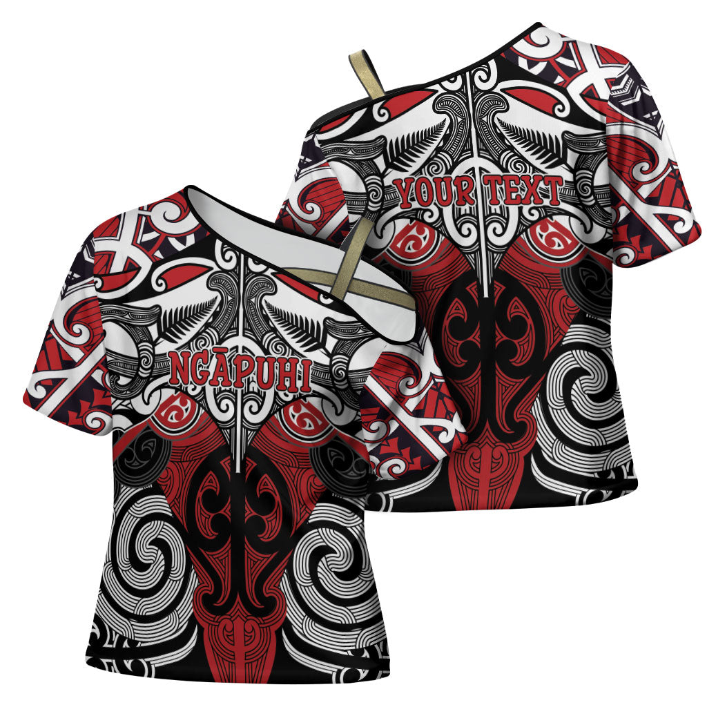 Personalised Maori Ngapuhi Cross Shoulder Shirt Silver Fern Kowhaiwhai Art