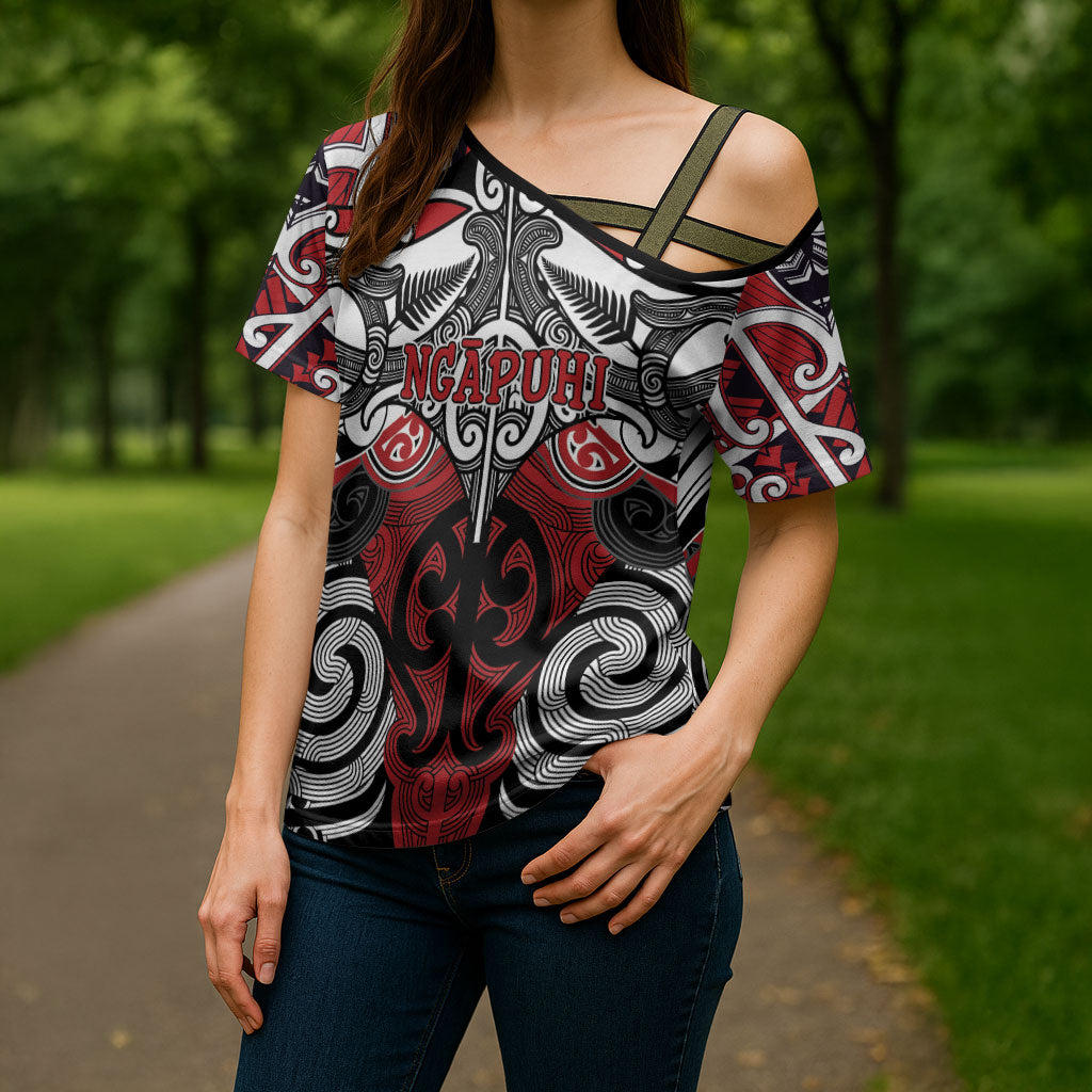Personalised Maori Ngapuhi Cross Shoulder Shirt Silver Fern Kowhaiwhai Art