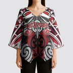 Personalised Maori Ngapuhi Kimono Sleeve Blouse Silver Fern Kowhaiwhai Art