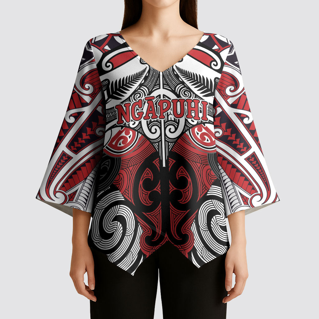 Personalised Maori Ngapuhi Kimono Sleeve Blouse Silver Fern Kowhaiwhai Art