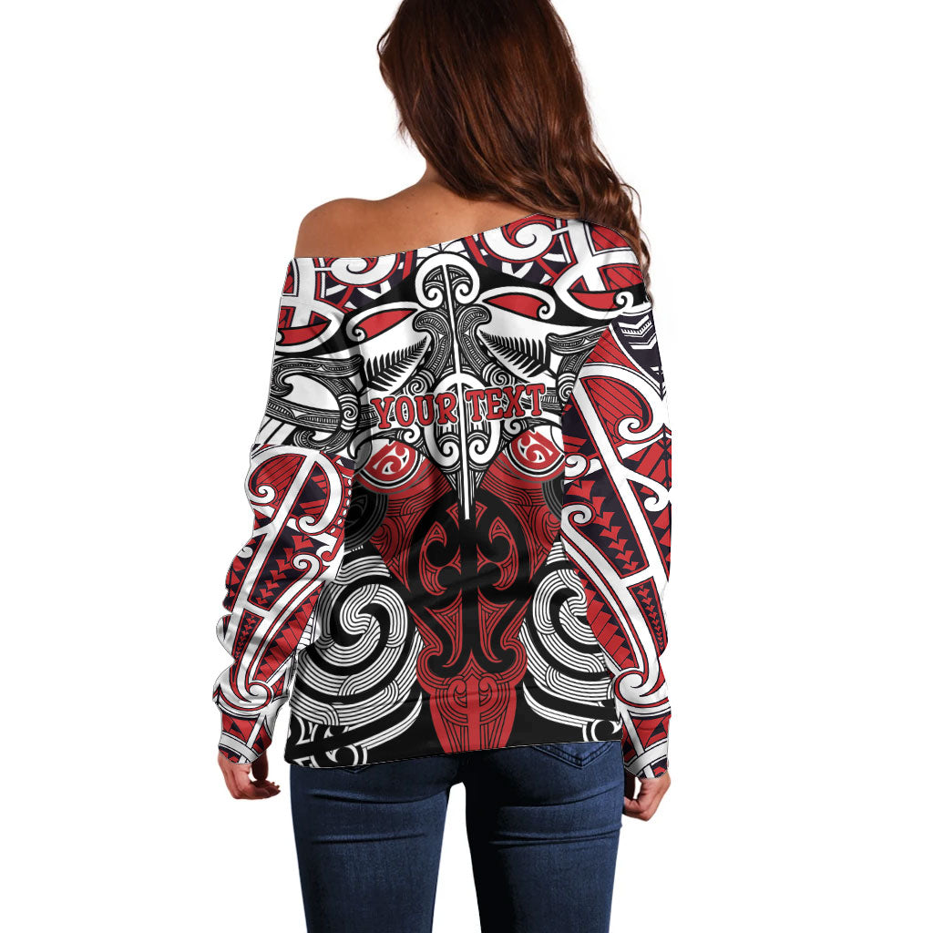 Personalised Maori Ngapuhi Off Shoulder Sweater Silver Fern Kowhaiwhai Art