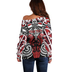 Personalised Maori Ngapuhi Off Shoulder Sweater Silver Fern Kowhaiwhai Art