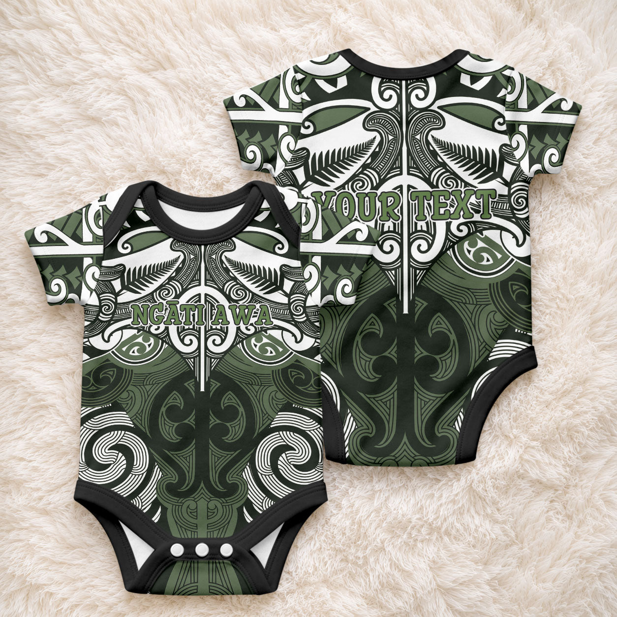 Personalised Maori Ngati Awa Baby Onesie Silver Fern Kowhaiwhai Art