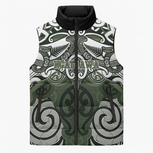 Personalised Maori Ngati Awa Sleeveless Puffer Jacket Silver Fern Kowhaiwhai Art