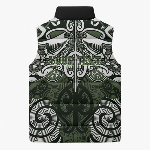 Personalised Maori Ngati Awa Sleeveless Puffer Jacket Silver Fern Kowhaiwhai Art