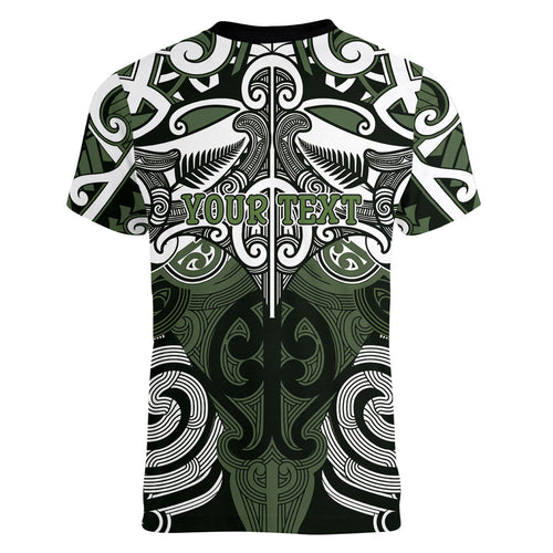 Personalised Maori Ngati Awa Women V-Neck T-Shirt Silver Fern Kowhaiwhai Art