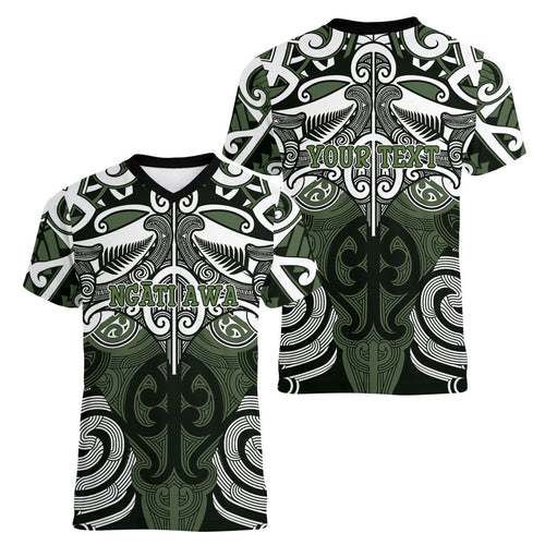 Personalised Maori Ngati Awa Women V-Neck T-Shirt Silver Fern Kowhaiwhai Art