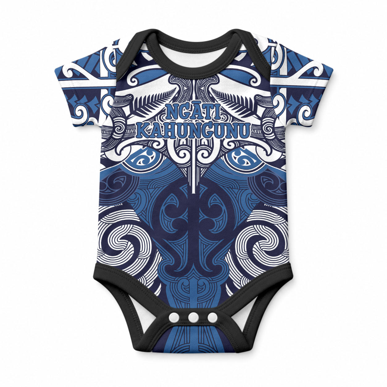 Personalised Maori Ngati Kahungunu Baby Onesie Silver Fern Kowhaiwhai Art