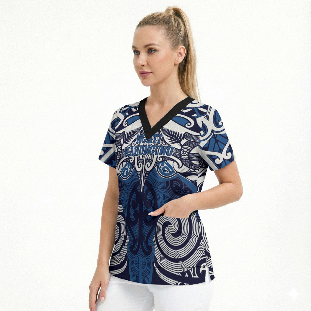 Personalised Maori Ngati Kahungunu Scrub Top Silver Fern Kowhaiwhai Art