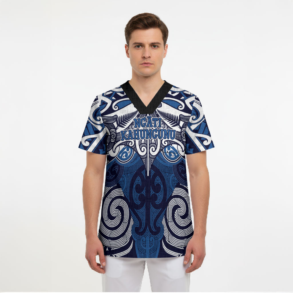 Personalised Maori Ngati Kahungunu Scrub Top Silver Fern Kowhaiwhai Art