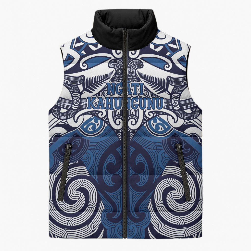 Personalised Maori Ngati Kahungunu Sleeveless Puffer Jacket Silver Fern Kowhaiwhai Art