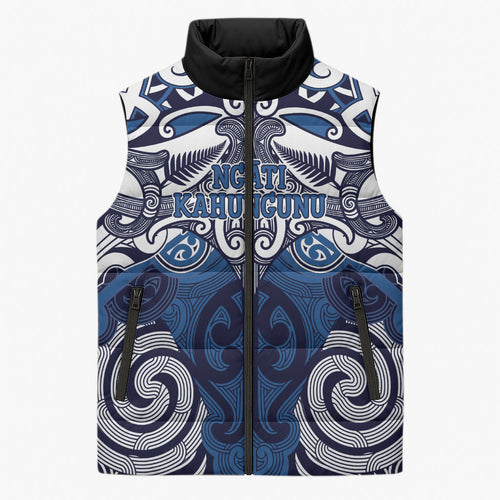 Personalised Maori Ngati Kahungunu Sleeveless Puffer Jacket Silver Fern Kowhaiwhai Art
