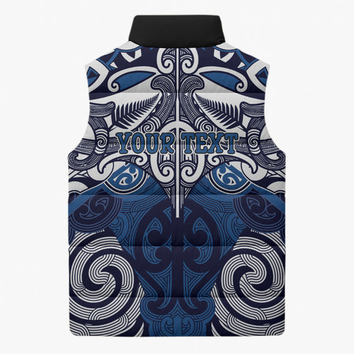 Personalised Maori Ngati Kahungunu Sleeveless Puffer Jacket Silver Fern Kowhaiwhai Art