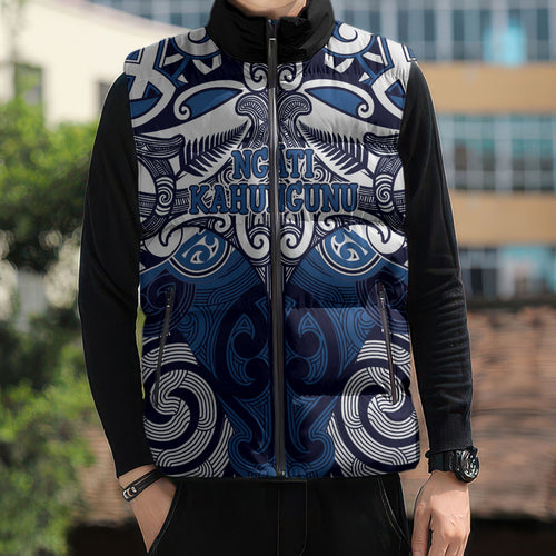 Personalised Maori Ngati Kahungunu Sleeveless Puffer Jacket Silver Fern Kowhaiwhai Art