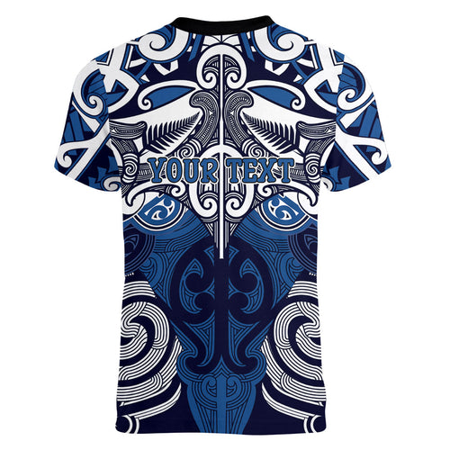 Personalised Maori Ngati Kahungunu Women V-Neck T-Shirt Silver Fern Kowhaiwhai Art