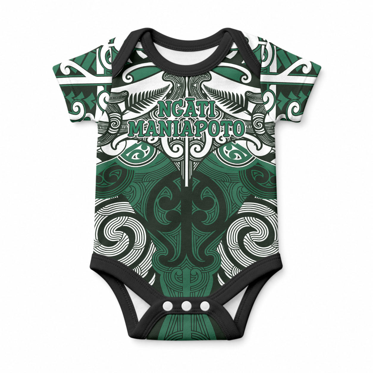 Personalised Maori Ngati Maniapoto Baby Onesie Silver Fern Kowhaiwhai Art