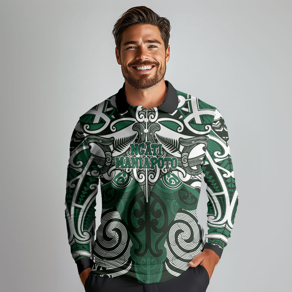 Personalised Maori Ngati Maniapoto Long Sleeve Polo Shirt Silver Fern Kowhaiwhai Art