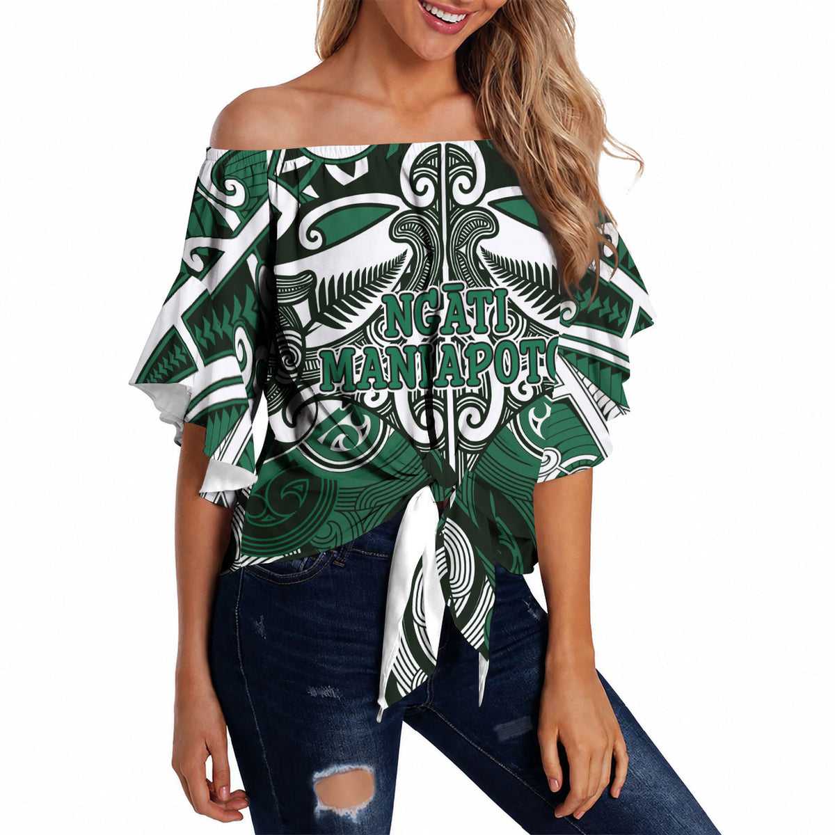 Personalised Maori Ngati Maniapoto Off Shoulder Wrap Waist Top Silver Fern Kowhaiwhai Art