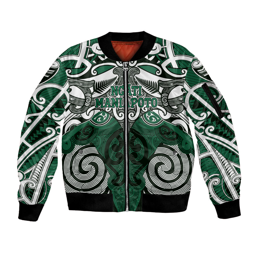 Personalised Maori Ngati Maniapoto Sleeve Zip Bomber Jacket Silver Fern Kowhaiwhai Art