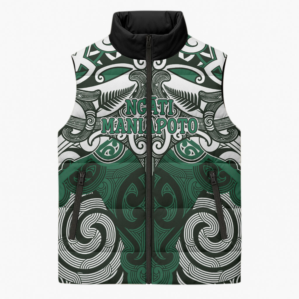 Personalised Maori Ngati Maniapoto Sleeveless Puffer Jacket Silver Fern Kowhaiwhai Art
