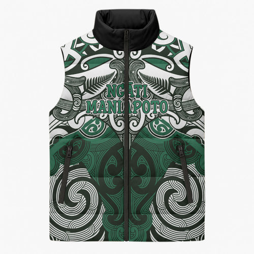 Personalised Maori Ngati Maniapoto Sleeveless Puffer Jacket Silver Fern Kowhaiwhai Art