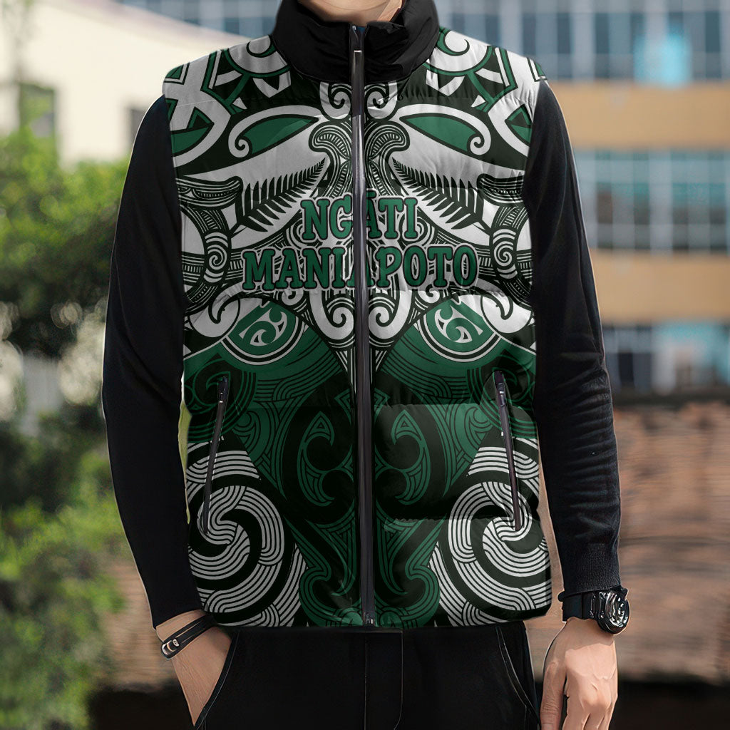 Personalised Maori Ngati Maniapoto Sleeveless Puffer Jacket Silver Fern Kowhaiwhai Art