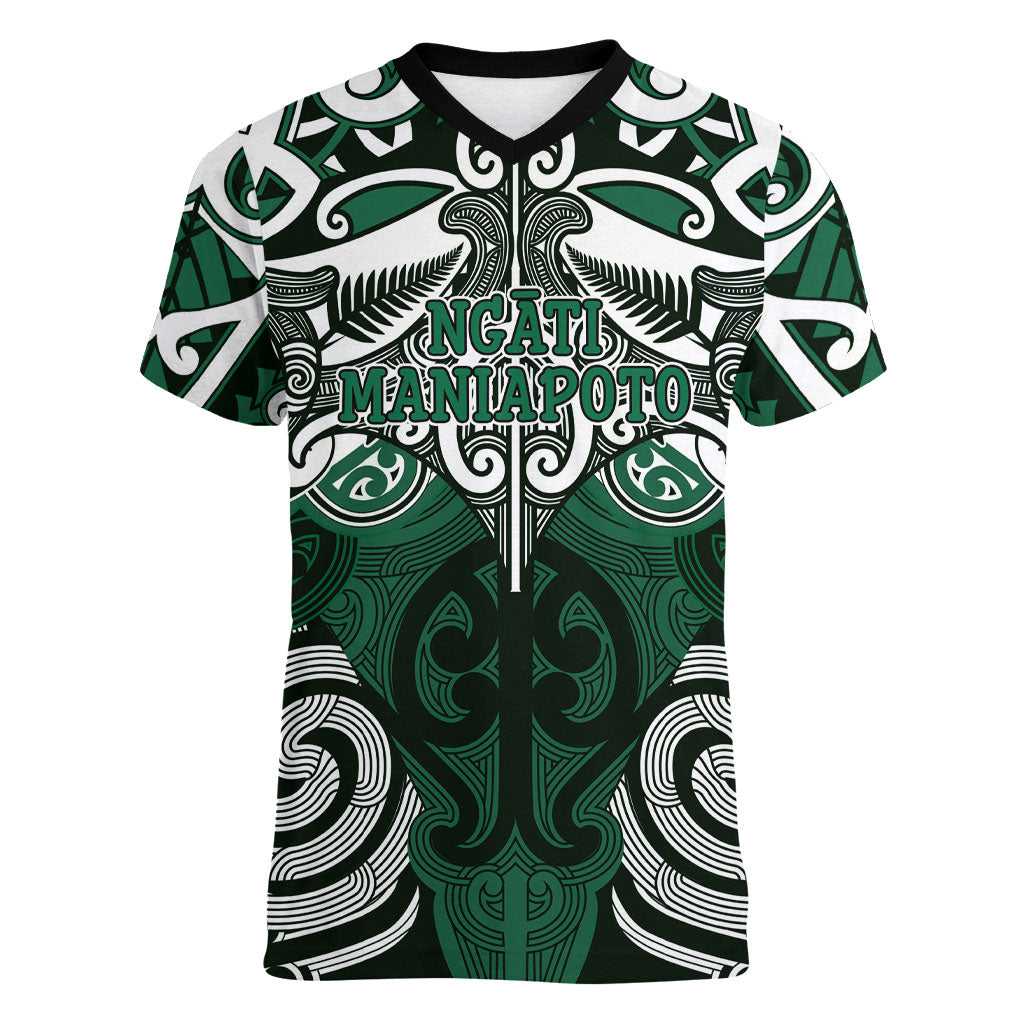 Personalised Maori Ngati Maniapoto Women V-Neck T-Shirt Silver Fern Kowhaiwhai Art