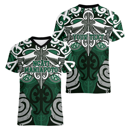 Personalised Maori Ngati Maniapoto Women V-Neck T-Shirt Silver Fern Kowhaiwhai Art