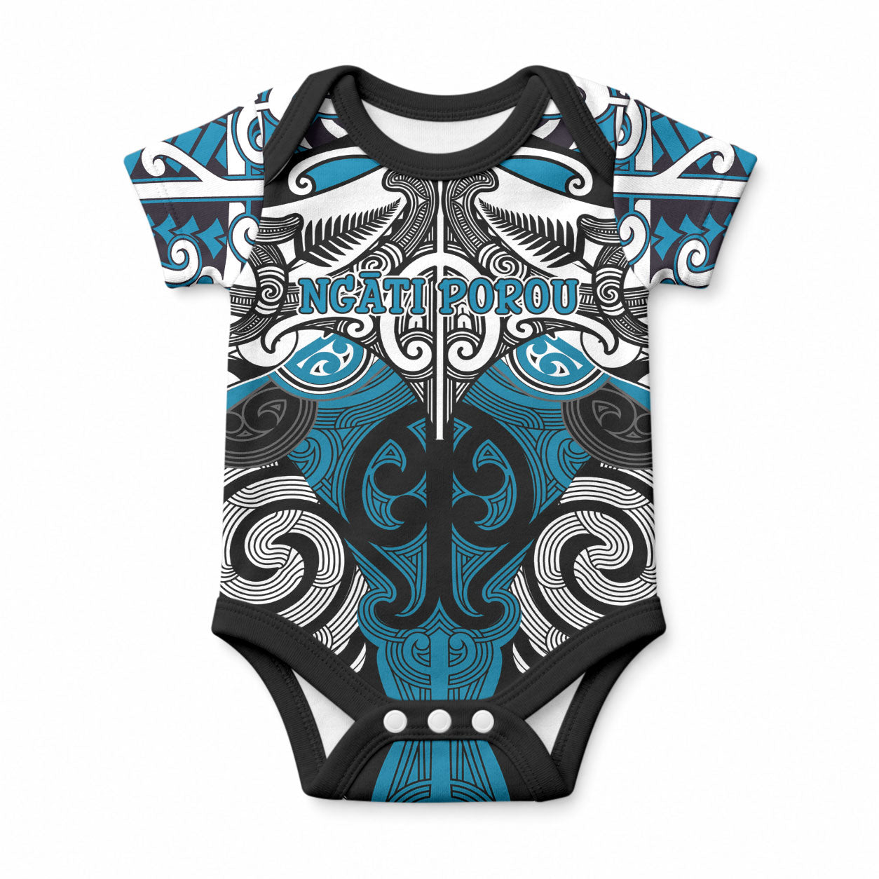 Personalised Maori Ngati Porou Baby Onesie Silver Fern Kowhaiwhai Art