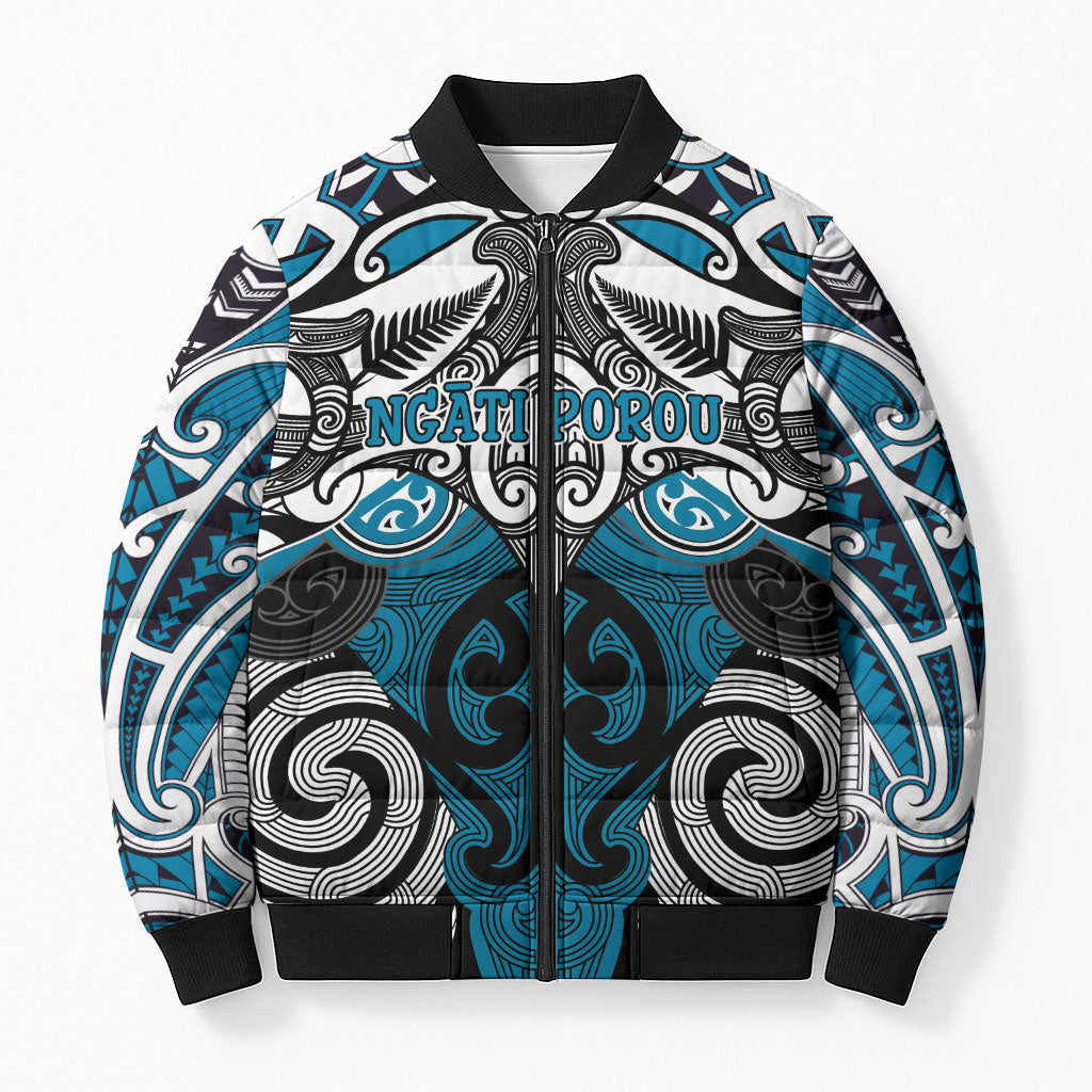 Personalised Maori Ngati Porou Bomber Puffer Jacket Silver Fern Kowhaiwhai Art
