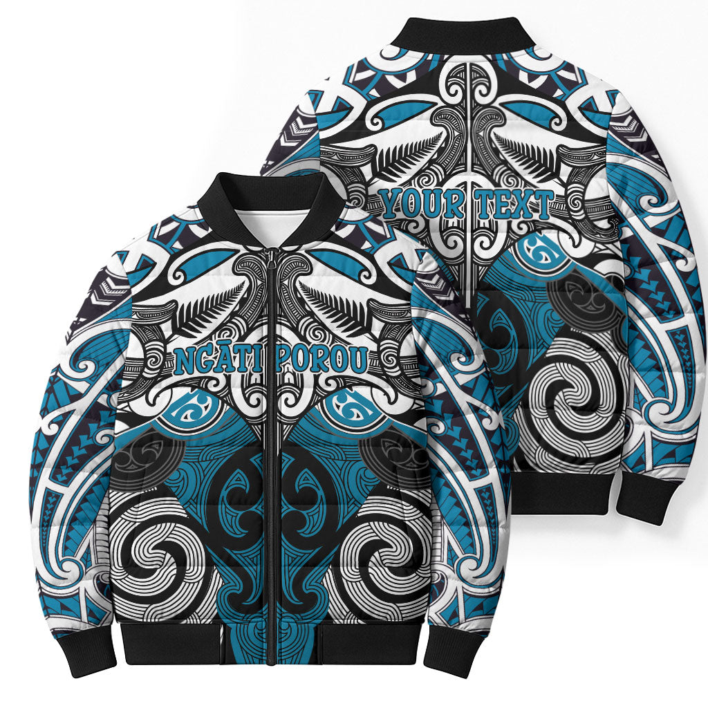 Personalised Maori Ngati Porou Bomber Puffer Jacket Silver Fern Kowhaiwhai Art