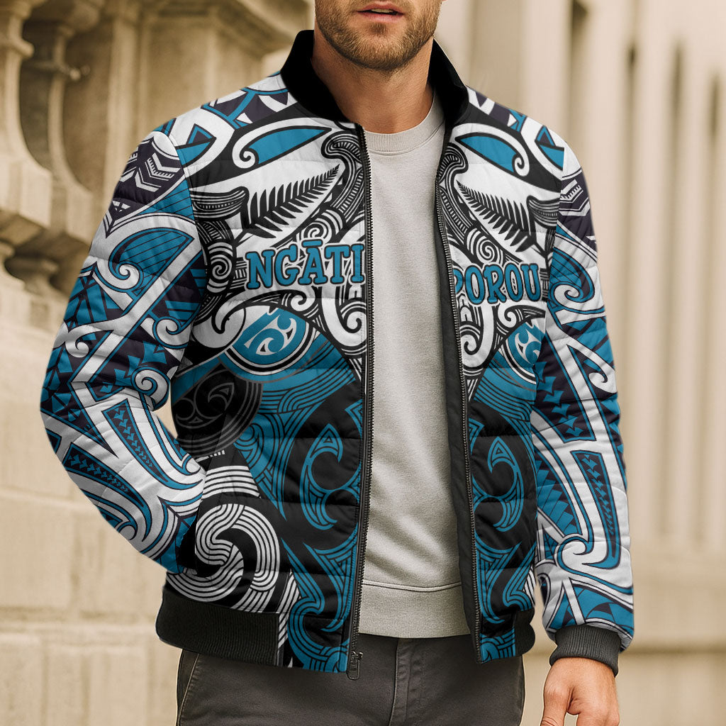 Personalised Maori Ngati Porou Bomber Puffer Jacket Silver Fern Kowhaiwhai Art