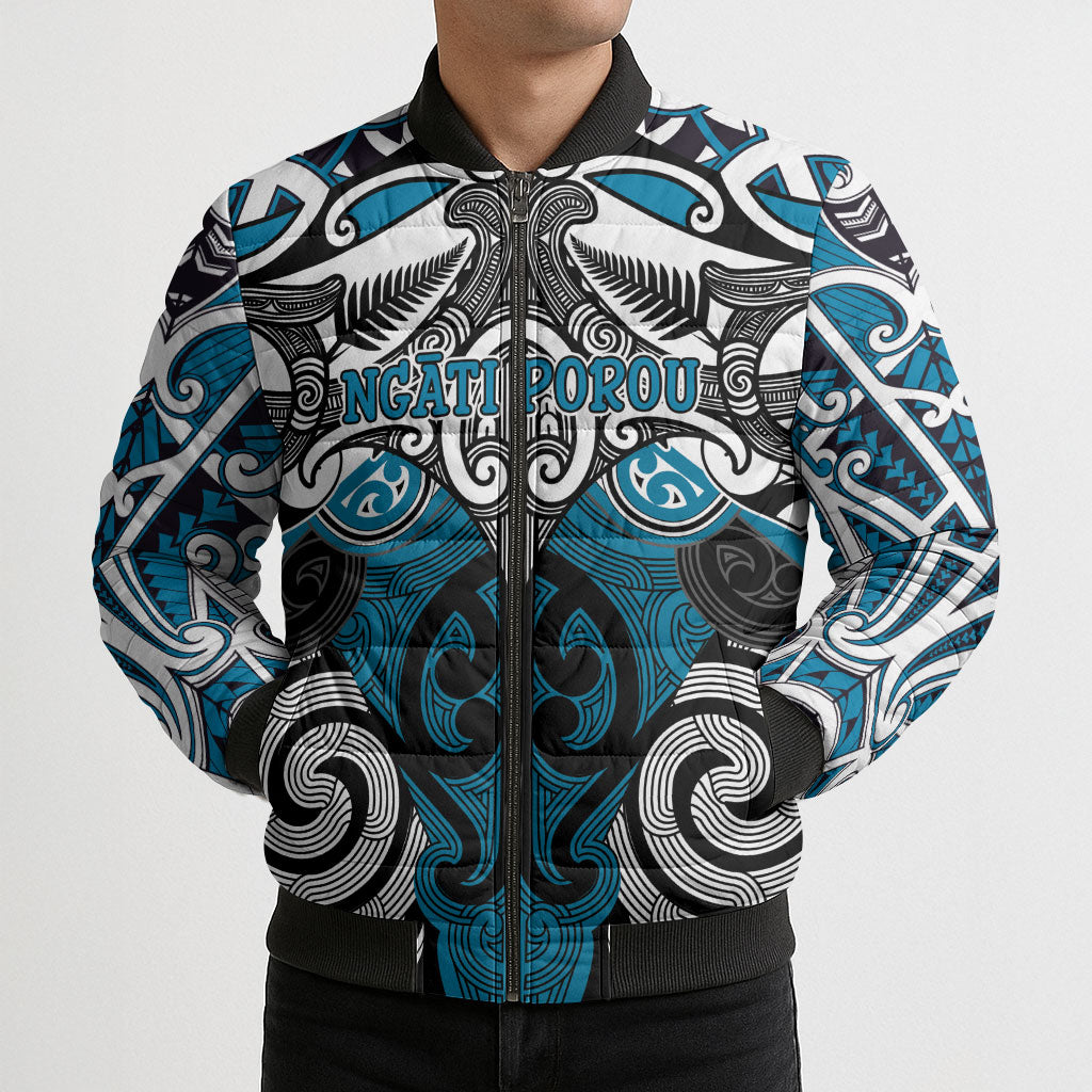 Personalised Maori Ngati Porou Bomber Puffer Jacket Silver Fern Kowhaiwhai Art