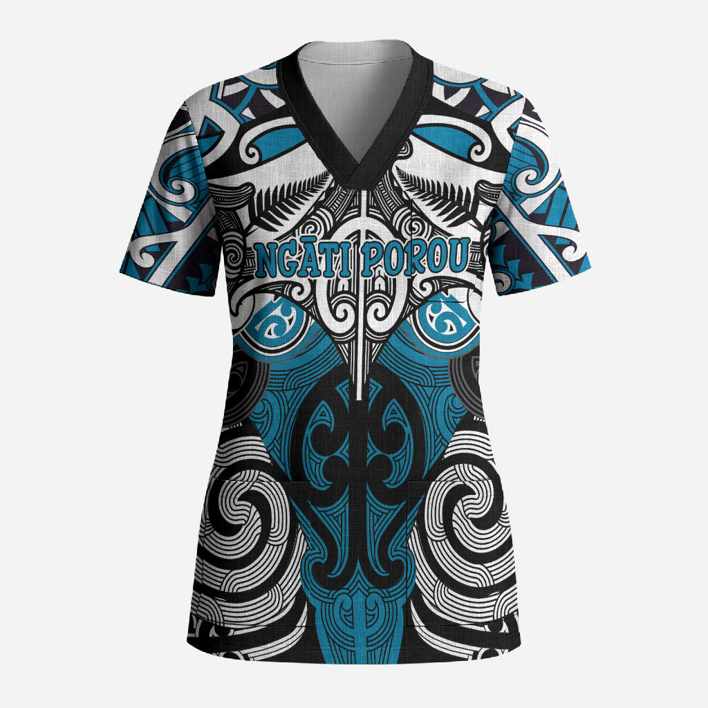 Personalised Maori Ngati Porou Scrub Top Silver Fern Kowhaiwhai Art