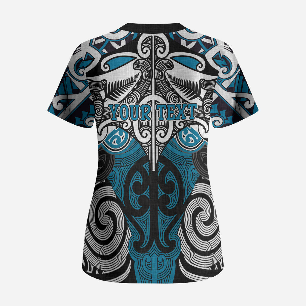 Personalised Maori Ngati Porou Scrub Top Silver Fern Kowhaiwhai Art