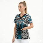 Personalised Maori Ngati Porou Scrub Top Silver Fern Kowhaiwhai Art