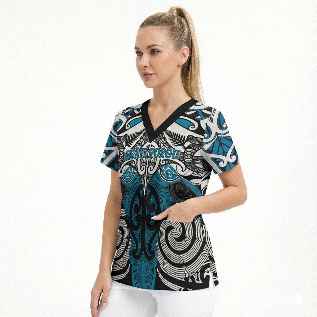 Personalised Maori Ngati Porou Scrub Top Silver Fern Kowhaiwhai Art
