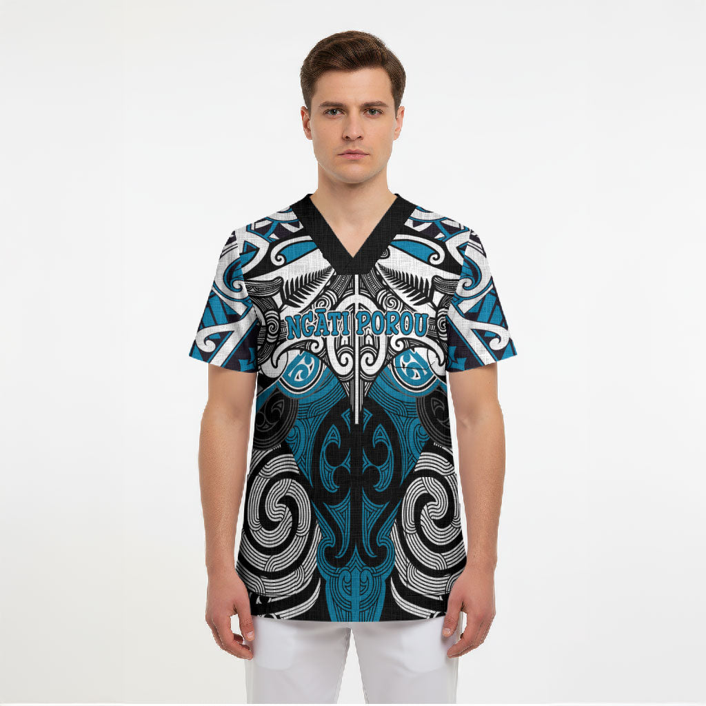 Personalised Maori Ngati Porou Scrub Top Silver Fern Kowhaiwhai Art