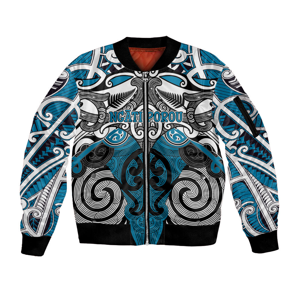 Personalised Maori Ngati Porou Sleeve Zip Bomber Jacket Silver Fern Kowhaiwhai Art
