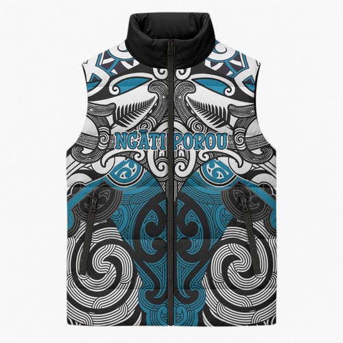 Personalised Maori Ngati Porou Sleeveless Puffer Jacket Silver Fern Kowhaiwhai Art