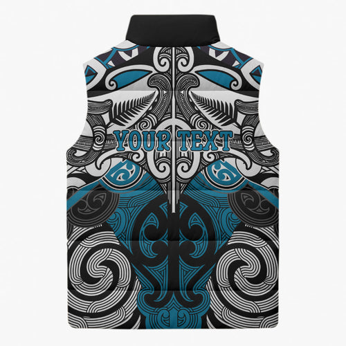 Personalised Maori Ngati Porou Sleeveless Puffer Jacket Silver Fern Kowhaiwhai Art
