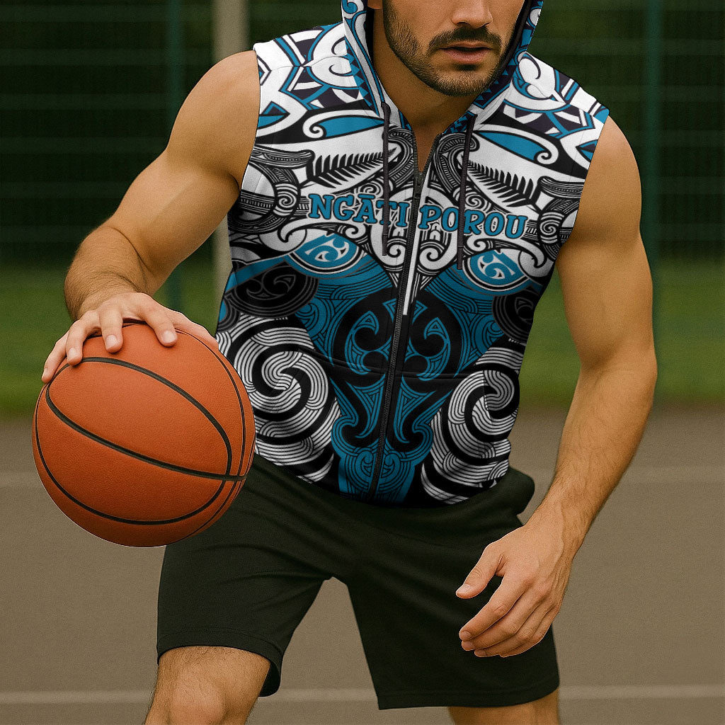 Personalised Maori Ngati Porou Sleeveless Zip Hoodie Silver Fern Kowhaiwhai Art
