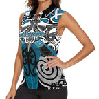 Personalised Maori Ngati Porou Women Sleeveless Polo Shirt Silver Fern Kowhaiwhai Art