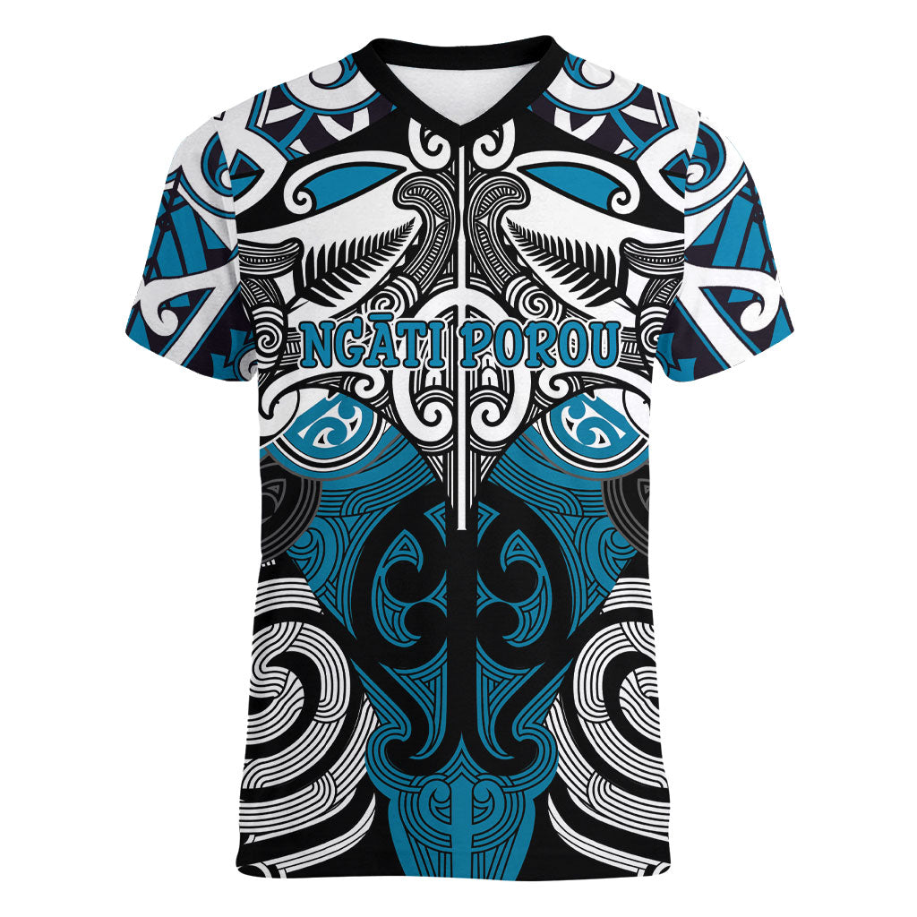Personalised Maori Ngati Porou Women V-Neck T-Shirt Silver Fern Kowhaiwhai Art