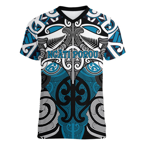 Personalised Maori Ngati Porou Women V-Neck T-Shirt Silver Fern Kowhaiwhai Art