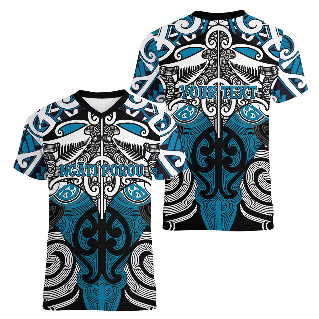 Personalised Maori Ngati Porou Women V-Neck T-Shirt Silver Fern Kowhaiwhai Art