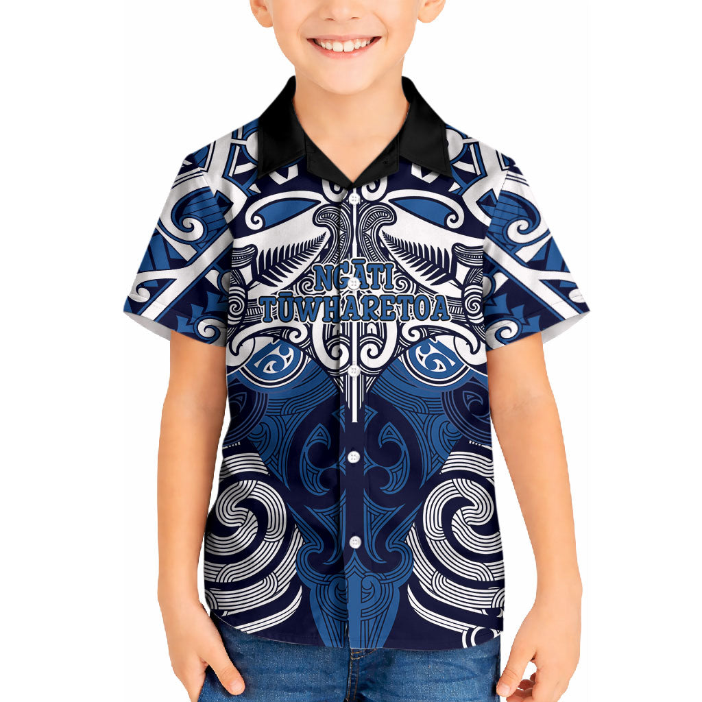 Personalised Maori Ngati Tuwharetoa Kid Hawaiian Shirt Silver Fern Kowhaiwhai Art