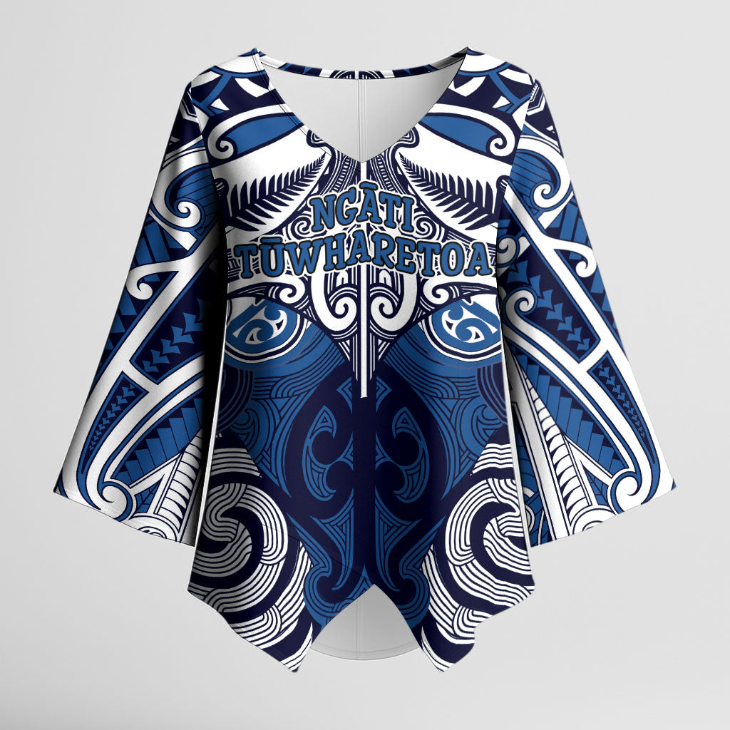 Personalised Maori Ngati Tuwharetoa Kimono Sleeve Blouse Silver Fern Kowhaiwhai Art